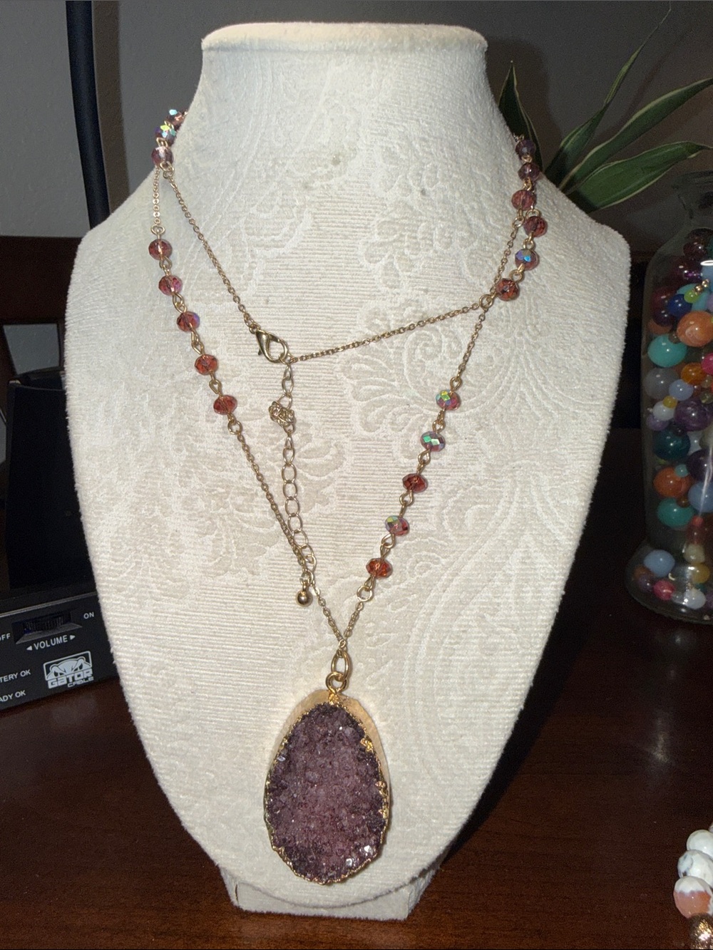 Gold Chain Necklace with Purple Druzy amethyst and Multi-Color crystals beads!